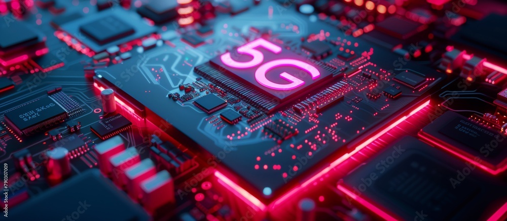 Poster The image of a 5G processor on an electronic chip highlights the importance of speed and reliability in mobile networks.