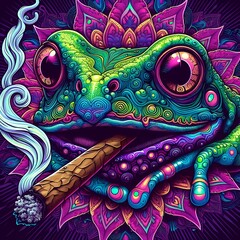 beautiful psychedelic digital art of a cool frog that is smoking a blunt