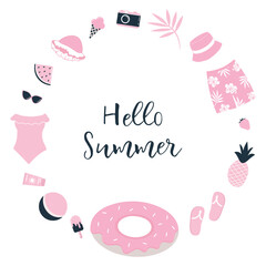Pink Beach Accessories. Set. Hello Summer concept. Swimsuit, hat, sunglasses, flip flops, sunscreen, camera, donut swimming ring, ice cream, watermelon, pineapple, ball. Vector illustration