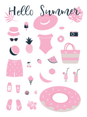 Pink beach accessories isolated on white. Swimsuit, swimming trunks, hat, sunglasses, flip flops, sunscreen, camera, donut swimming ring, watermelon. Things for summer vacation. Hello Summer Vector