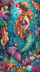 Fototapeta premium Underwater: A coloring book page featuring a beautiful mermaid exploring a colorful underwater world filled with seashells, starfish, and seahorses