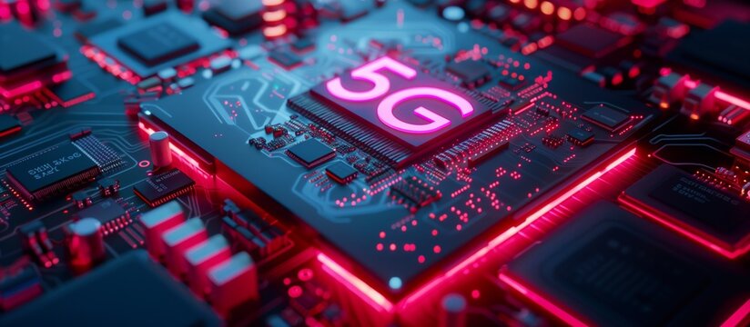 The image of a 5G processor on an electronic chip highlights the importance of speed and reliability in mobile networks.