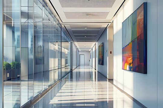 A photograph of a long hallway with walls made of glass panels, featuring a painting hanging on one side, Business office corridor filled with artwork, AI Generated