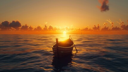 A traditional wooden fishing boat sailing into the sunset, its silhouette framed against the vast expanse of the open ocean.