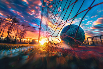 Soccer Ball in Net at Sunset