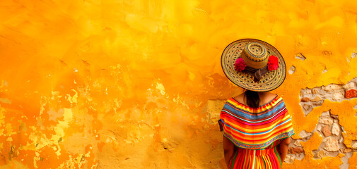 Local women dressed in Cinco de Mayo attire wearing hats stood with their backs against a yellow wall.