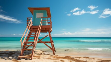 Iconic shot of a lifeguard stand against a clear blue sky, symbolizing safety and vigilance, suitable for public safety campaigns or beachside community highlights
