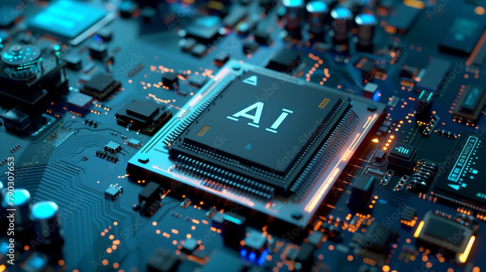 Poster A detailed study of an electronic chip with an AI processor reflects the high level of technology and dedication to reaching new heights in the field of artificial intelligence.