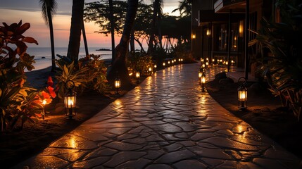 Evening shot of tiki torches lining a beach pathway, creating a mystical and inviting ambiance, suitable for resort advertising or tropical themed party planning