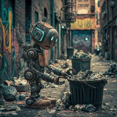 Futuristic Robot Searching Through Garbage in Urban Alleyway in a graffiti-covered alley, hinting at a world where technology intersects with everyday survival.
