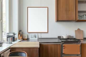 Interior design of kitchen space with mock up photo frame, wooden table, 