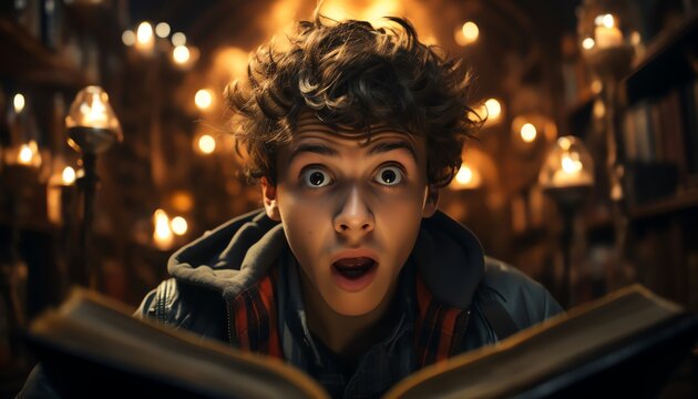 Candid shot of a person having a sudden realization while reading a book, with an expression of surprise and enlightenment, ideal for educational or selfdiscovery themes