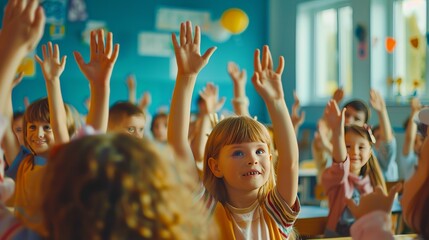 Ask a group of students in a classroom a question, and they raise their hands to respond. Diversity, learning, and teacher instruction with young pupils in a school building together - obrazy, fototapety, plakaty
