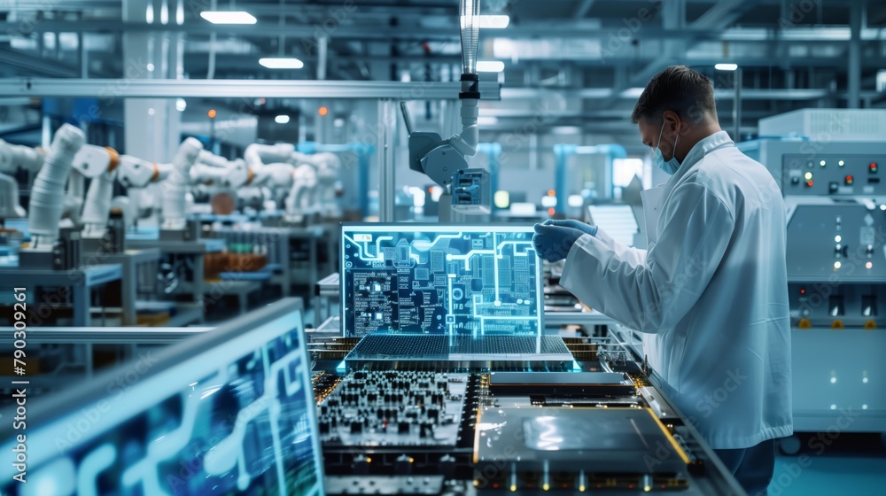 Aufkleber In the image, you can see a laboratory technician assembling and testing prototypes of new processors to evaluate their efficiency and functionality.