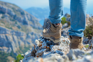 Close-up of hiking boots on rocky mountain terrain with a clear sky