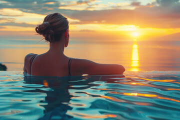 Beautiful woman in the water with sunset (AI Generated) 