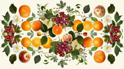 fruit line styles, with the elegant flowers and leaves of apples, oranges, grapes, various fruits.