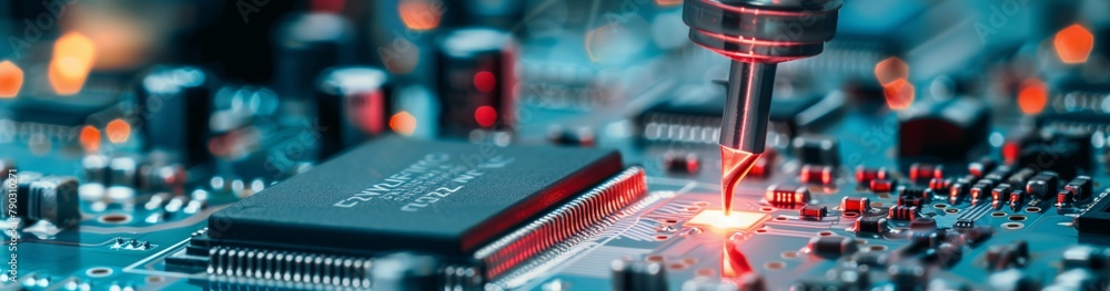 Fototapete a production technician concentrates on carefully installing a new ai-equipped processor to ensure m