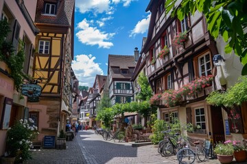 Fototapeta na wymiar A cobblestone street in an European village lined with historic buildings and bustling with activity, Bustling marketplace surrounded by medieval buildings, AI Generated