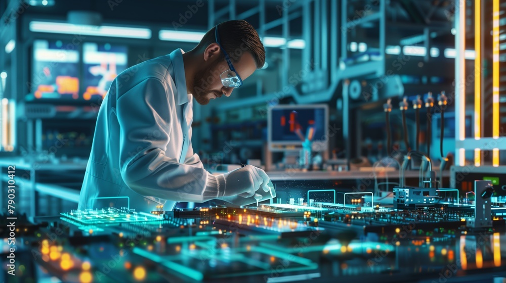 Poster The technician is engaged in the preparation of experimental samples for testing new technologies and materials in the production of semiconductor devices in a highly technical laboratory