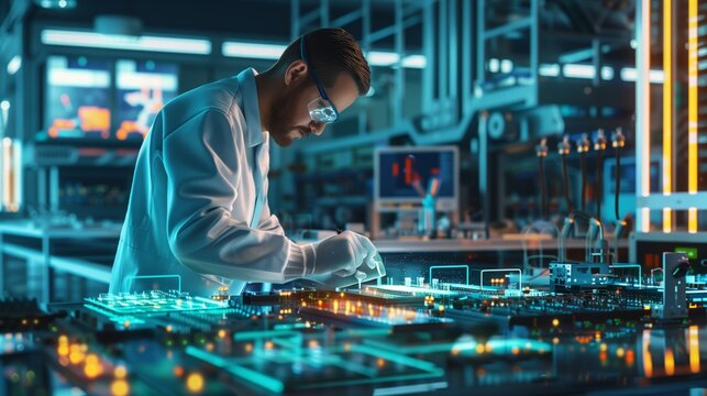 The technician is engaged in the preparation of experimental samples for testing new technologies and materials in the production of semiconductor devices in a highly technical laboratory