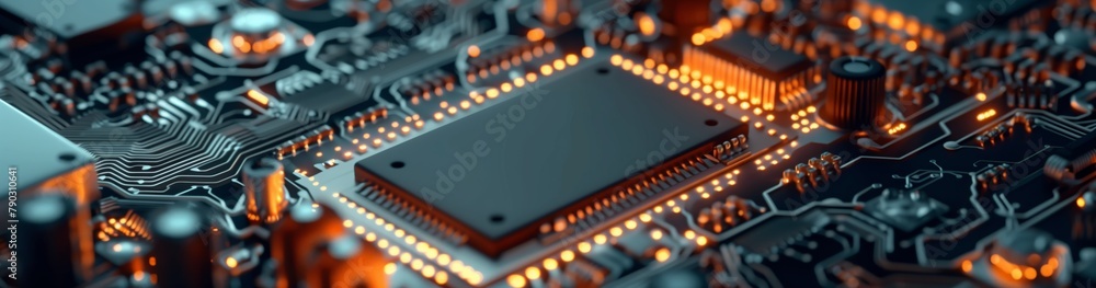 Aufkleber in the image, you can see how the processor on the board unfolds on an electronic circuit, reflectin
