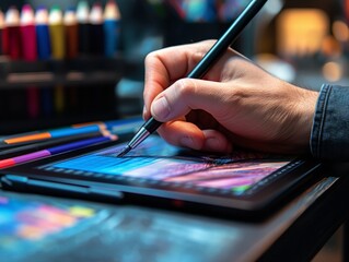 A person is drawing on a tablet with a stylus. The image is colorful and vibrant, with a sense of creativity and imagination