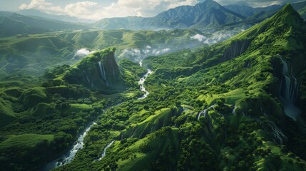 Aerial view of a volcanic landscape covered in lush greenery, with winding rivers and cascading waterfalls carving through the terrain. - obrazy, fototapety, plakaty