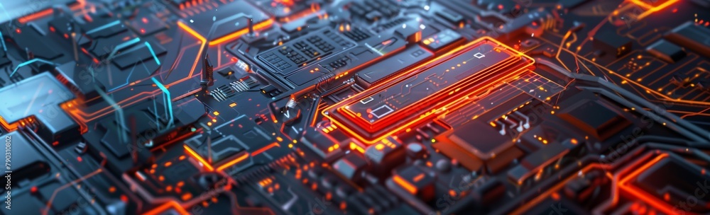 Poster The processor on the electronic board is a key component in any computer or device, and this photo highlights its importance. Wide banner