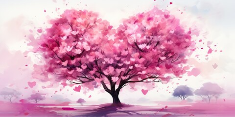 Fototapeta premium Pink sakura heart tree with a flower, in the style of realistic watercolors. Symbol of love romantic holiday. Nature outdoor plant scene view