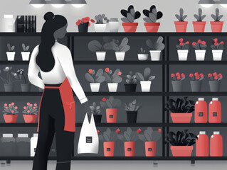 Illustration of woman working in a garden center, surrounded by plants and garden supplies.