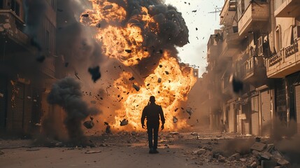  The climax of the video comes during the chorus, as man sings about being willing to catch a grenade for his partner. In a dramatic sequence, we see him standing on a deserted street - obrazy, fototapety, plakaty