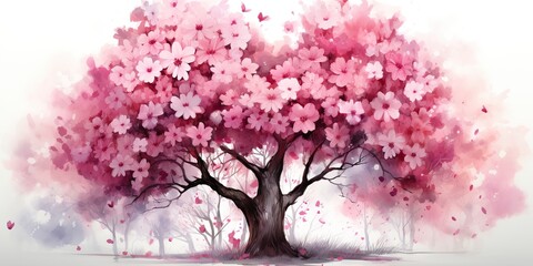 Fototapeta premium Pink sakura heart tree with a flower, in the style of realistic watercolors. Symbol of love romantic holiday. Nature outdoor plant scene view
