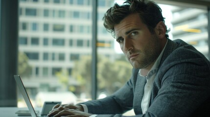 A man deeply engrossed in work, sits in front of a vibrant laptop screen, navigating the realms of cyberspace.