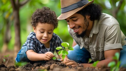 Cultivating Harmony: A Father-Son Moment with Nature. Concept Family Bonding, Nature Connection, Meaningful Moments, Emotional Connections
