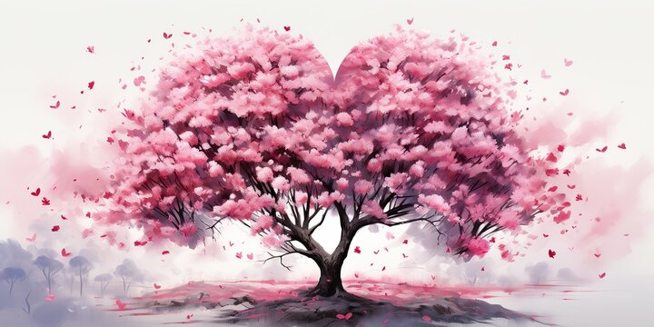 Pink sakura heart tree with a flower, in the style of realistic watercolors. Symbol of love romantic holiday. Nature outdoor plant scene view