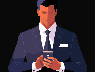Illustration of a young Asian businessman texting on his smartphone, depicted in a modern, flat design style.