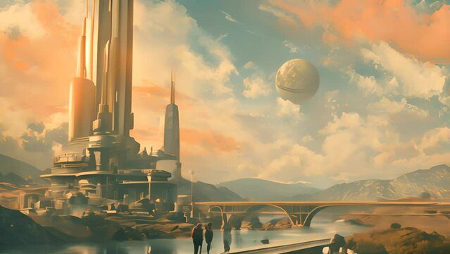 Retrofuturistic landscape in mid-century sci-fi style. Retro science fiction scene with futuristic city buildings