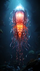 Deepsea submersible shining light on a mysterious deepsea creature, underlining the importance of deepsea preservation in understanding ocean life - obrazy, fototapety, plakaty