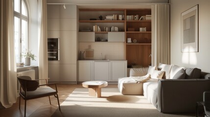 Cozy living room embraced by warm sunlight