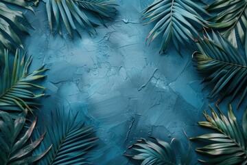 green palm leaves on a blue background. There is empty space for text in the center. banner, background, wallpaper. advertising.