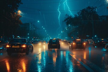 A group of various cars parked in a row on the street, filling the entire frame, Cars navigating through a city during a thunderstorm, AI Generated