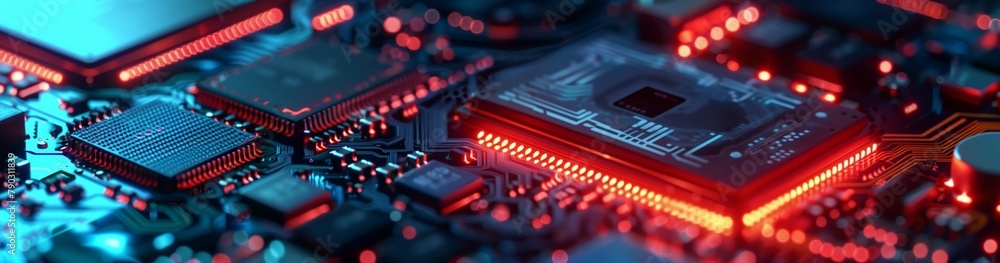 Fototapete The image of the processor on the electronic chip indicates the combination of high specifications with a compact design for optimal performance.
