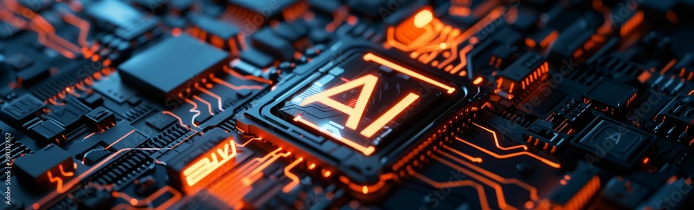 Poster The image shows small but powerful AI processors that provide high efficiency and speed in processing complex data. Wide Image Format
