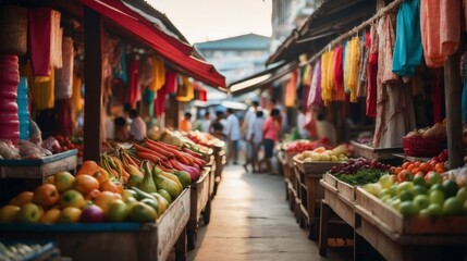 Fototapeta na wymiar Bustling Market Offering Fresh Fruits and Vegetables