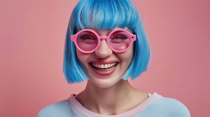 Woman With Blue Hair Wearing Pink Sunglasses