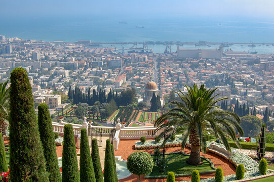 View of Haifa gardens and city in Israel
