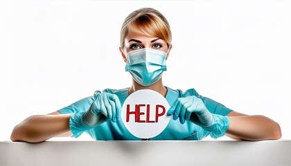 Krankenschwester mit Mundschutz und Stethoskop hält eine Blatt Papier mit der Aufschrift HELP in der Hand.