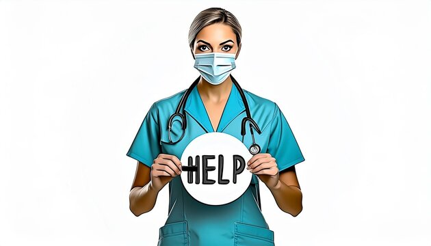 Krankenschwester mit Mundschutz und Stethoskop hält eine Blatt Papier mit der Aufschrift HELP in der Hand.