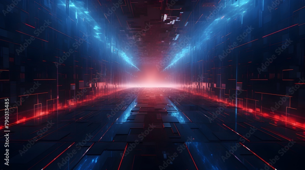 Aufkleber delve into the depths of a dark and futuristic digital world, where blue data blocks pulsate with en